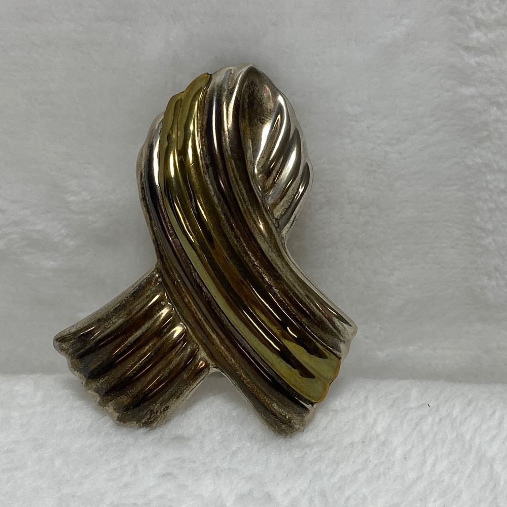 VTG 2 Tone Ribbon Brooch Pin Taxco Mexico TS-01 Sterling Silver 23g Statement